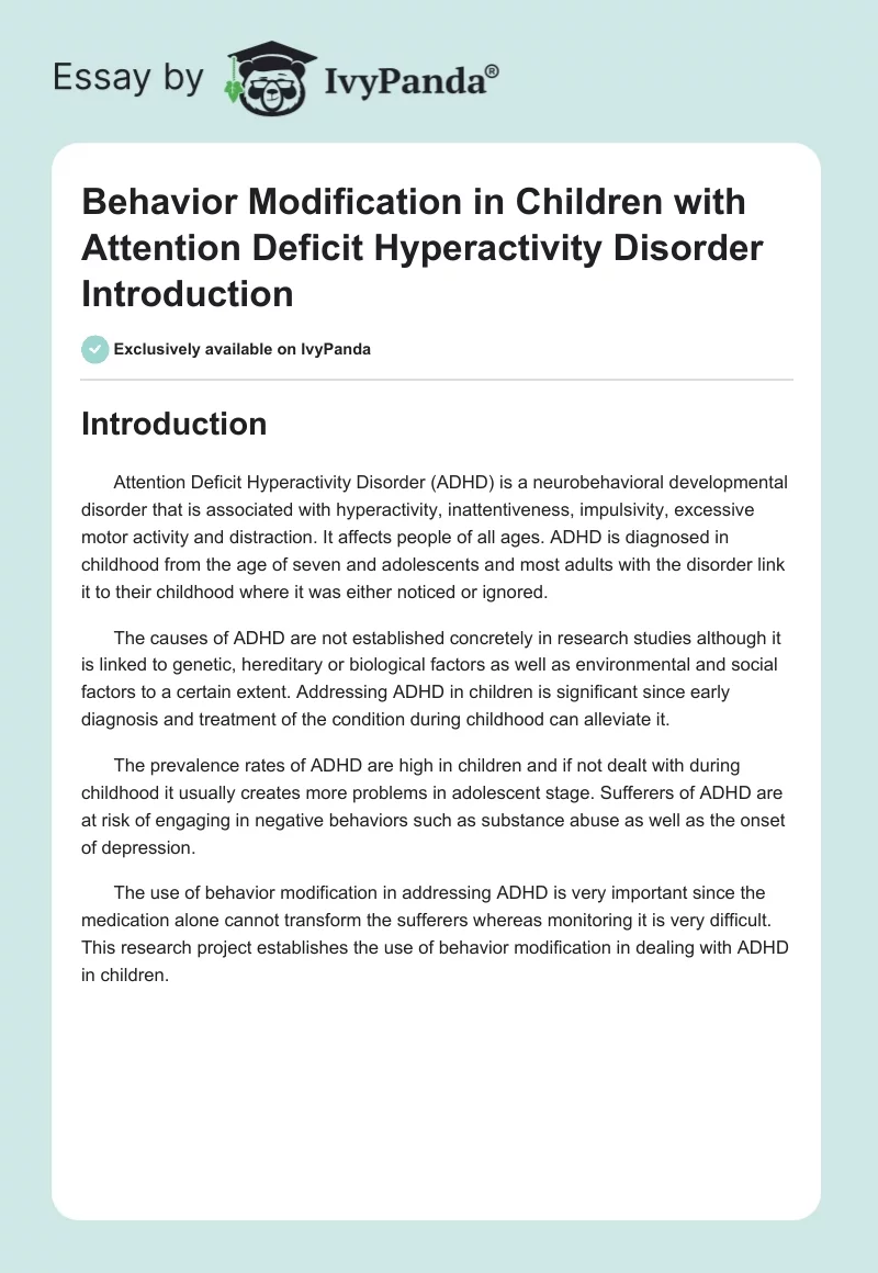 Behavior Modification in Children With Attention Deficit Hyperactivity Disorder Introduction. Page 1