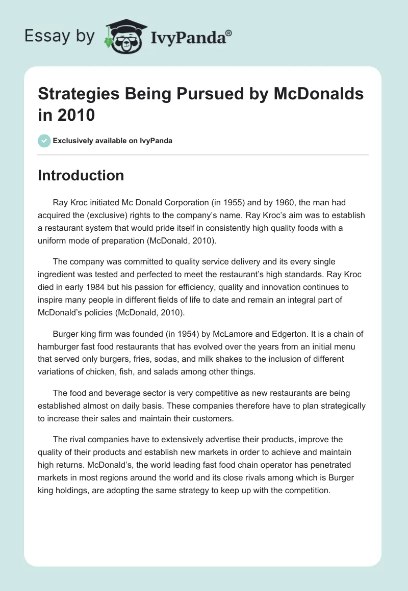 Strategies Being Pursued by McDonalds in 2010. Page 1
