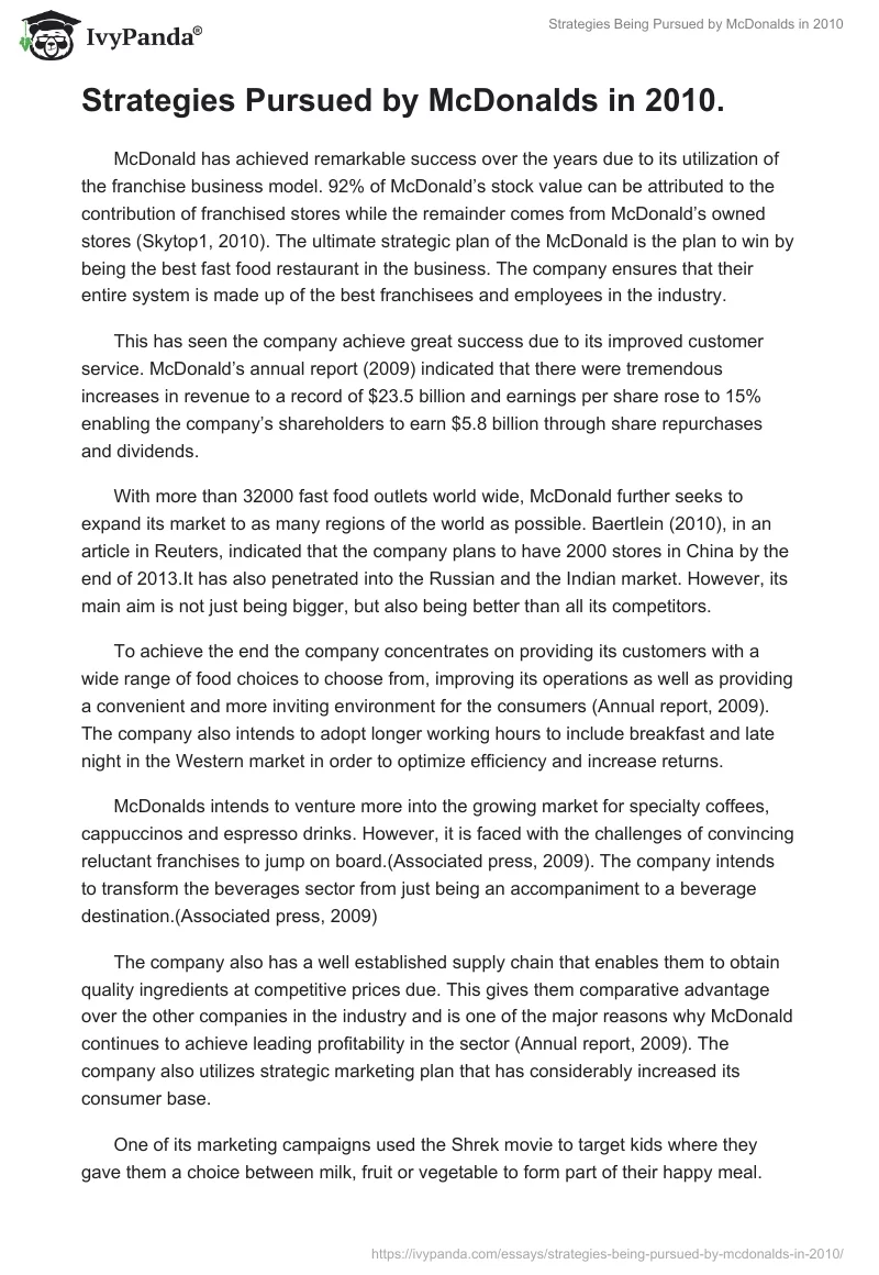 Strategies Being Pursued by McDonalds in 2010. Page 2