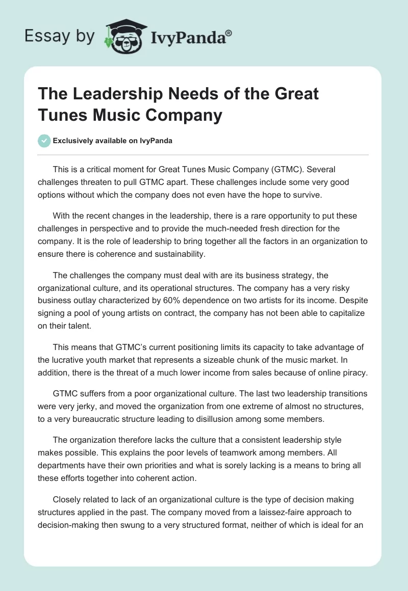 The Leadership Needs of the Great Tunes Music Company. Page 1