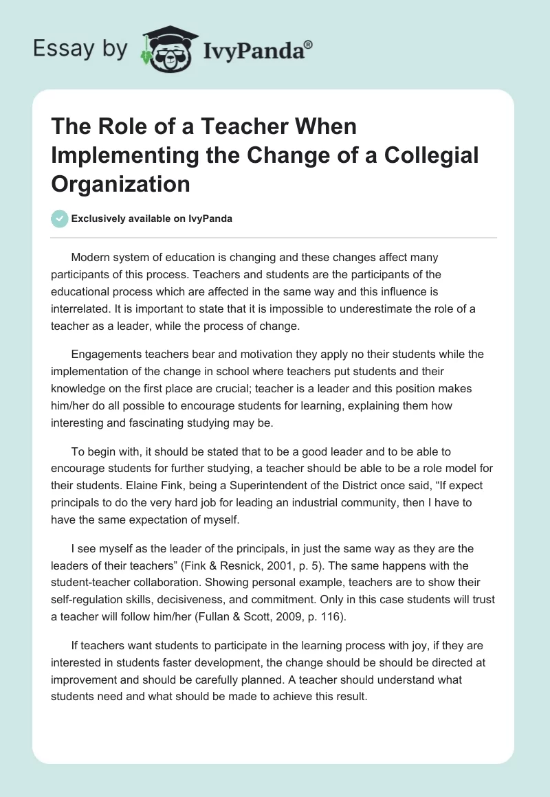 The Role of a Teacher When Implementing the Change of a Collegial Organization. Page 1