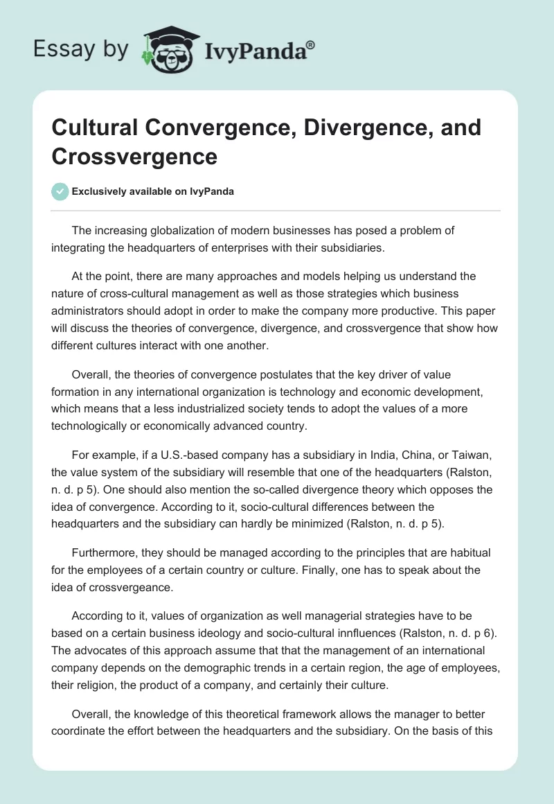 Cultural Convergence, Divergence, and Crossvergence. Page 1