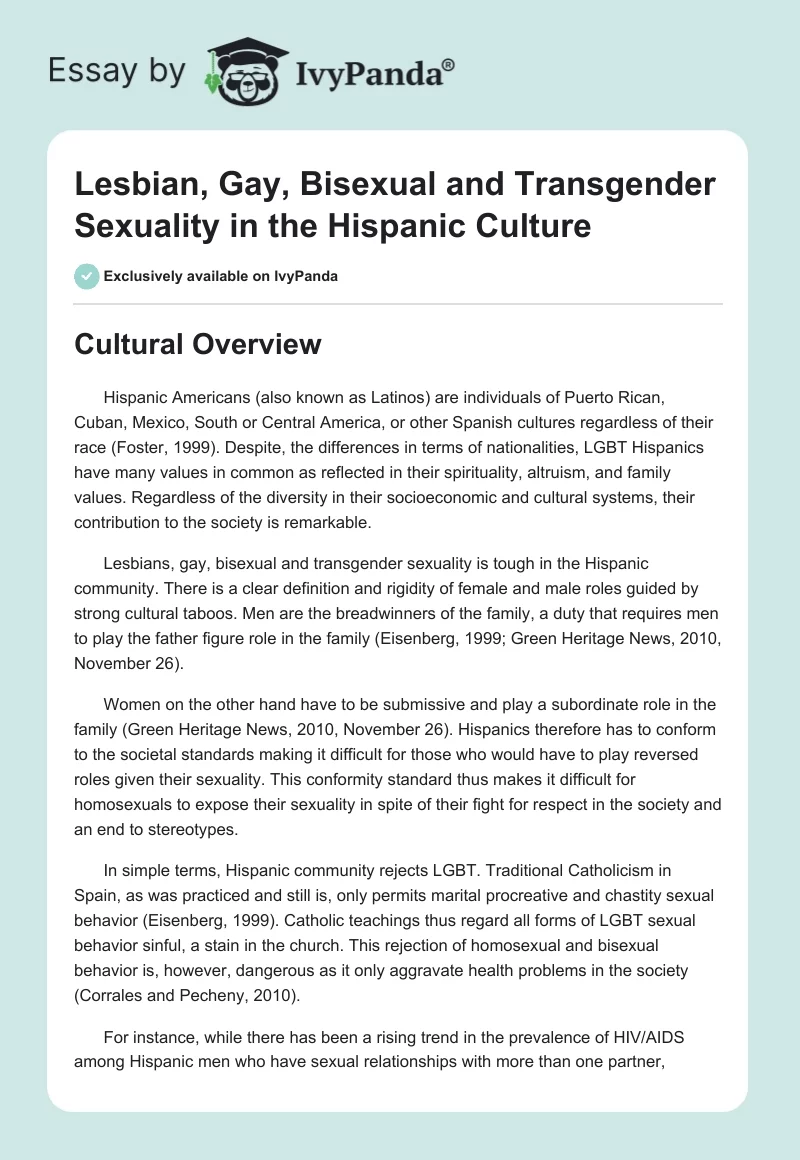 Lesbian, Gay, Bisexual and Transgender Sexuality in the Hispanic Culture. Page 1