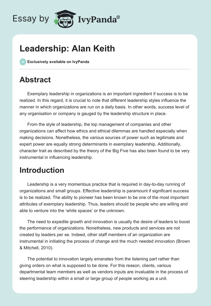 Leadership: Alan Keith. Page 1
