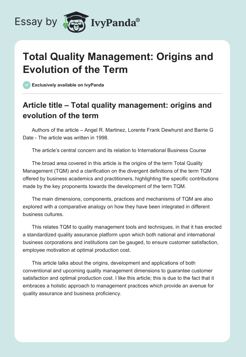 Total Quality Management: Origins and Evolution of the Term. Page 1