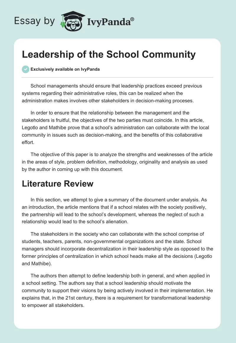 Leadership of the School Community. Page 1