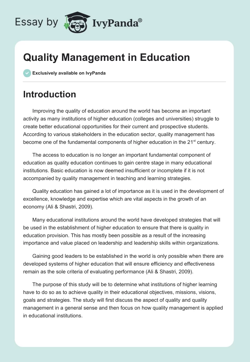 Quality Management in Education. Page 1