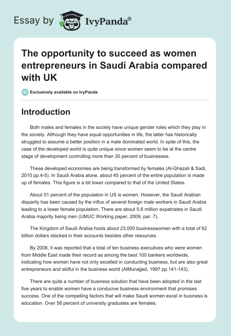 The Opportunity to Succeed as Women Entrepreneurs in Saudi Arabia Compared With UK. Page 1