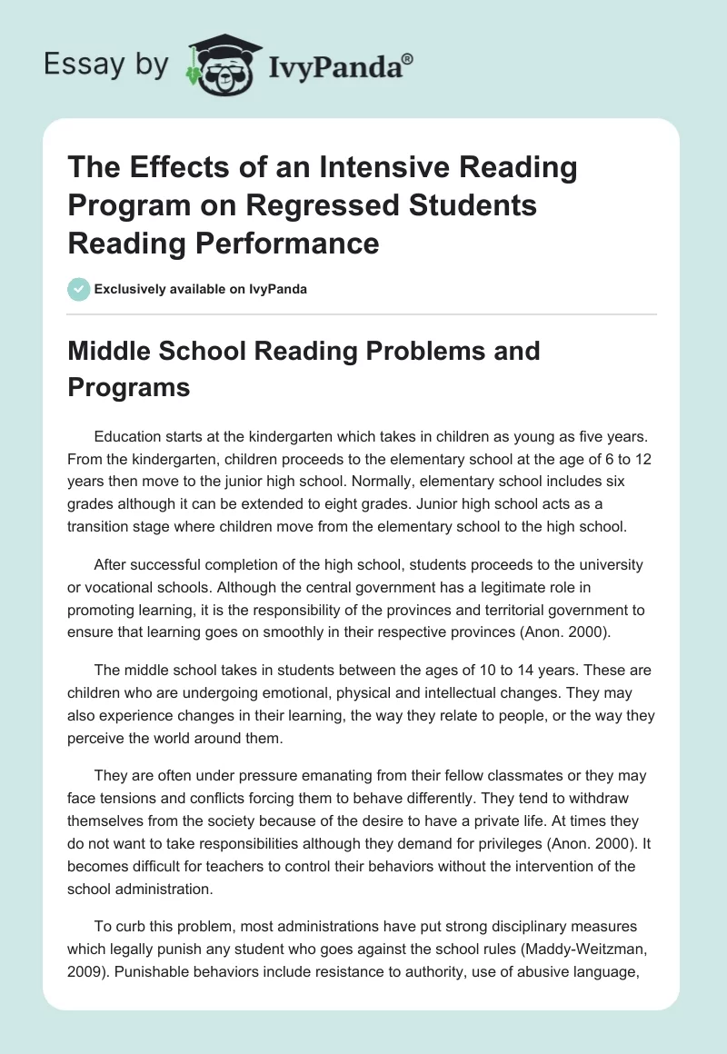 The Effects of an Intensive Reading Program on Regressed Students Reading Performance. Page 1