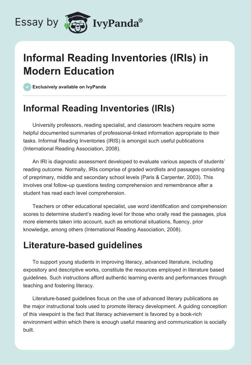 Informal Reading Inventories (IRIs) in Modern Education. Page 1