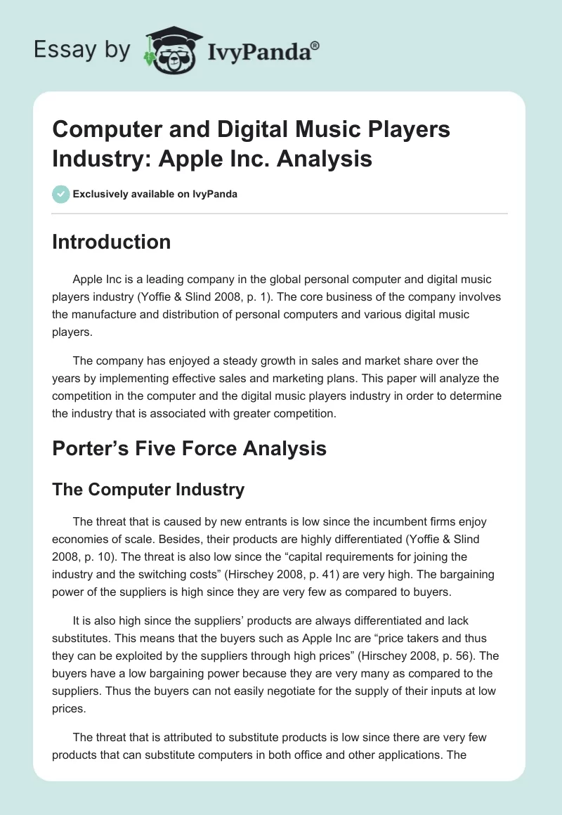 Computer and Digital Music Players Industry: Apple Inc. Analysis. Page 1