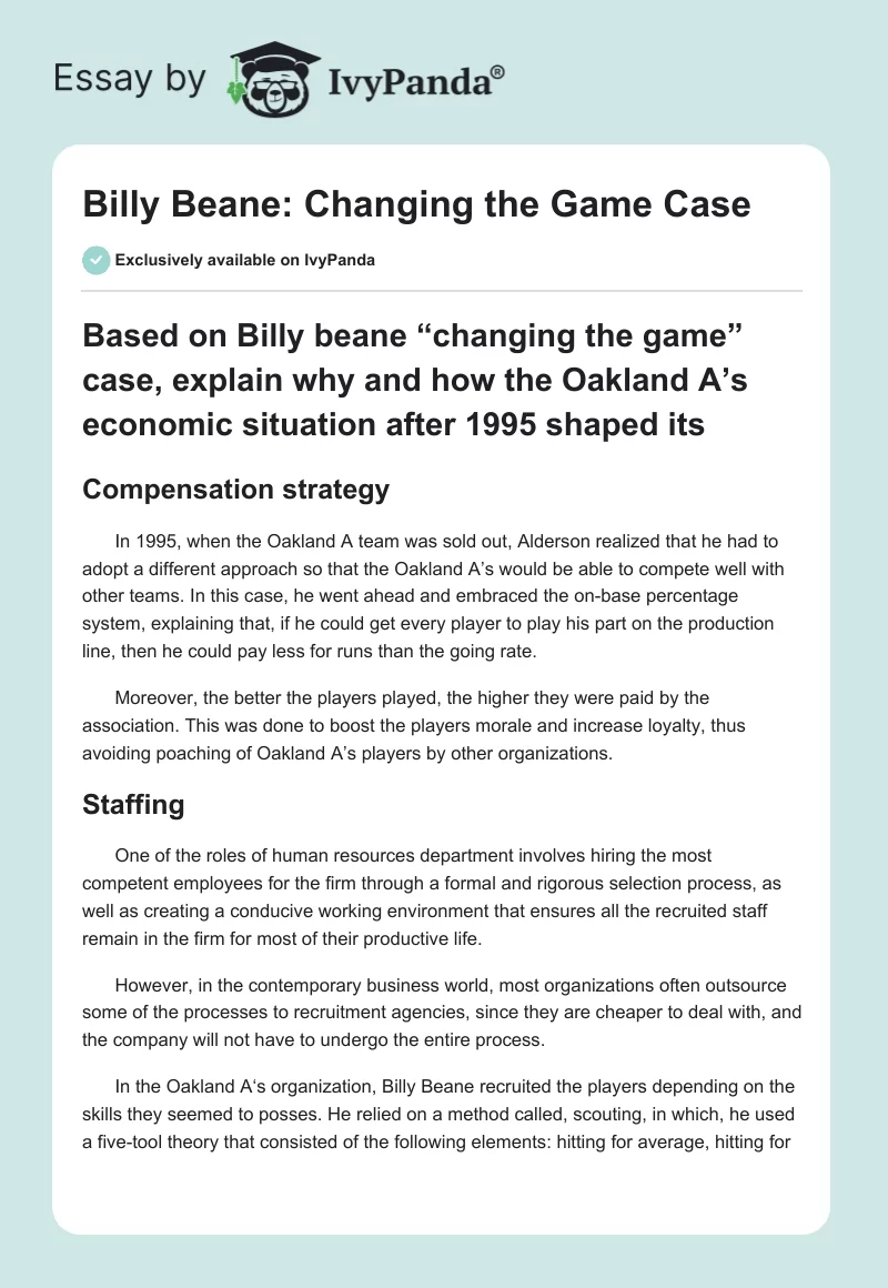 Billy Beane: Changing the Game Case. Page 1