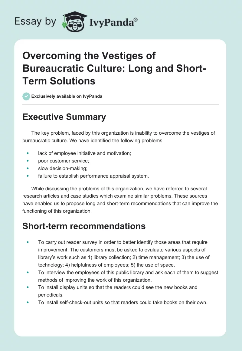 Overcoming the Vestiges of Bureaucratic Culture: Long and Short-Term Solutions. Page 1