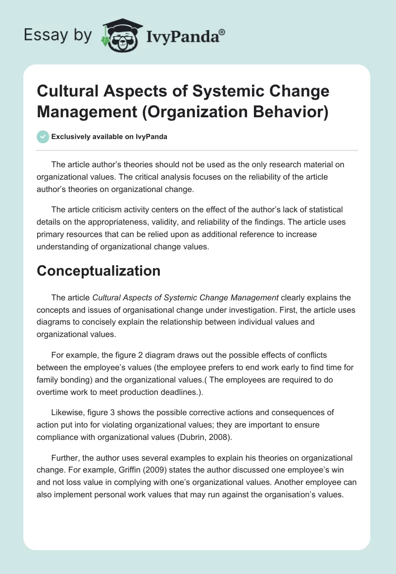 Cultural Aspects of Systemic Change Management (Organization Behavior). Page 1