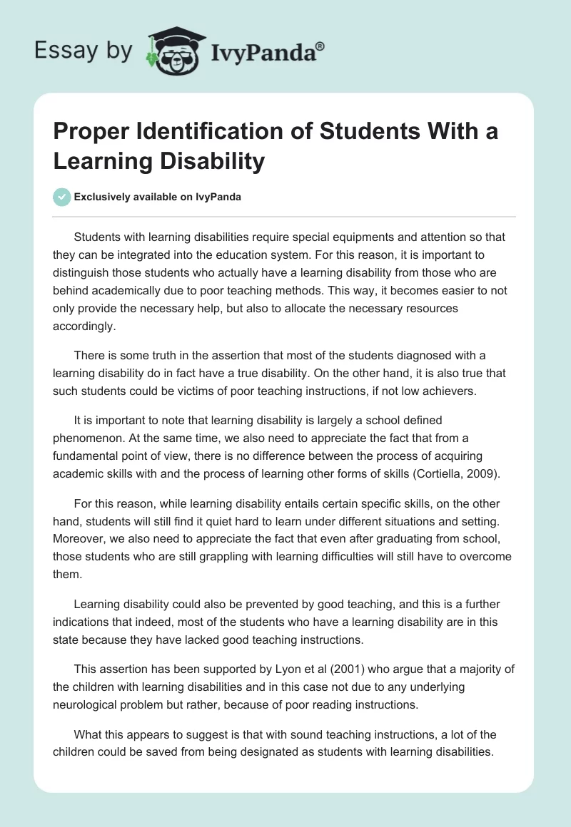 Proper Identification of Students With a Learning Disability. Page 1