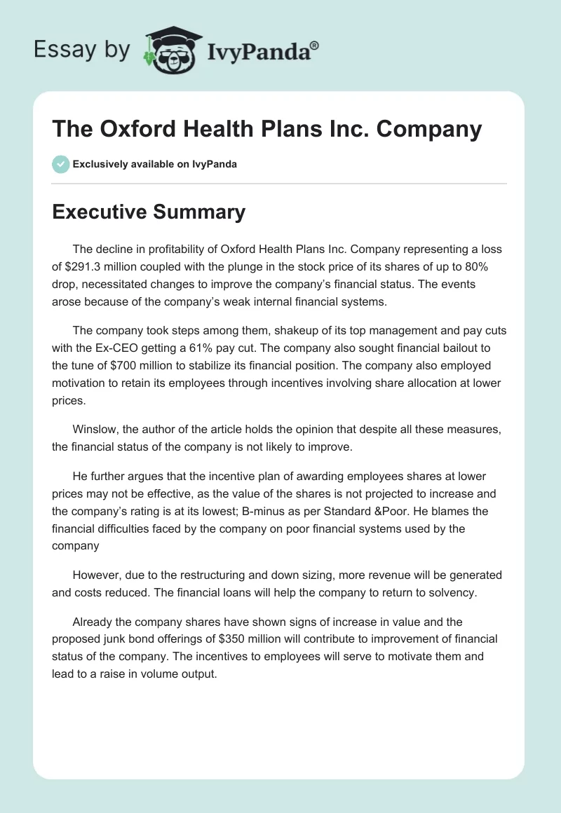 The Oxford Health Plans Inc. Company. Page 1