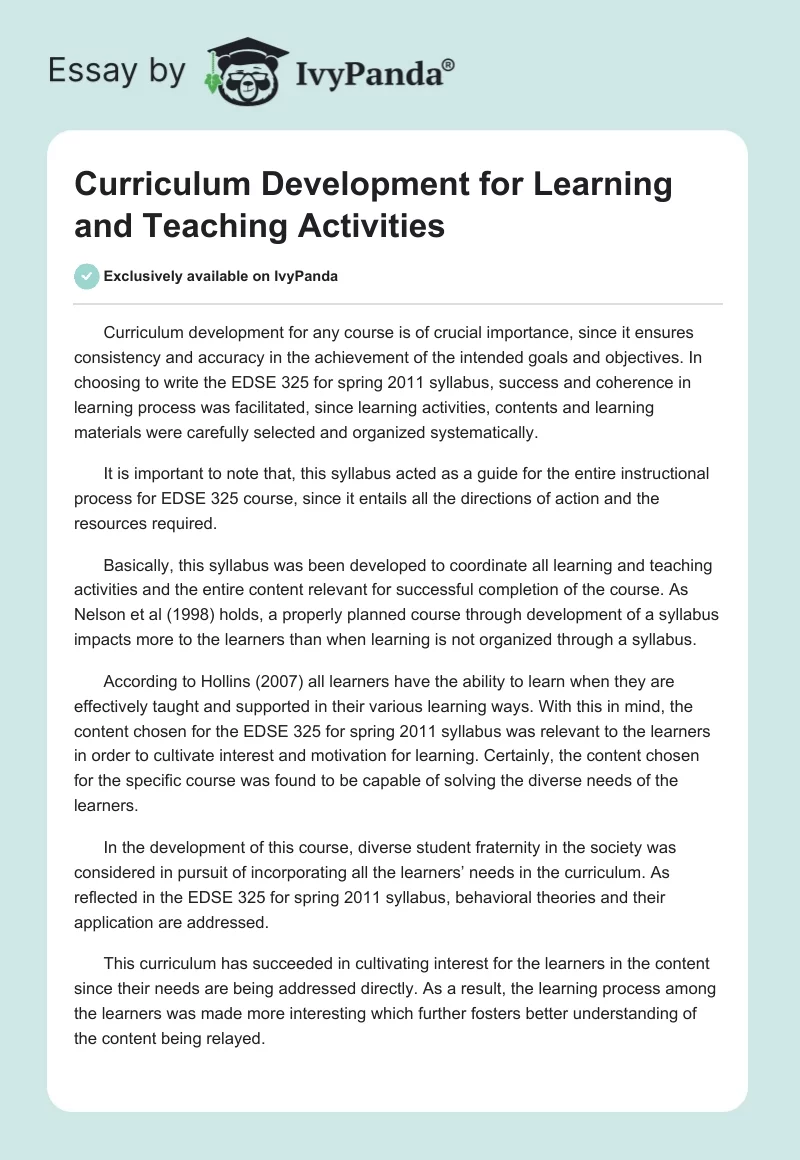 Curriculum Development for Learning and Teaching Activities. Page 1