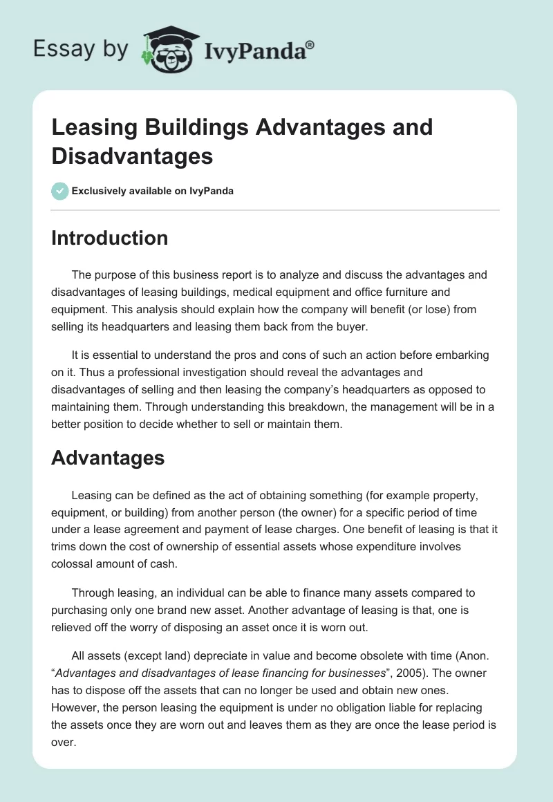 Leasing Buildings Advantages and Disadvantages. Page 1