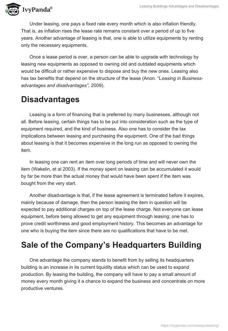 Leasing Buildings Advantages and Disadvantages. Page 2