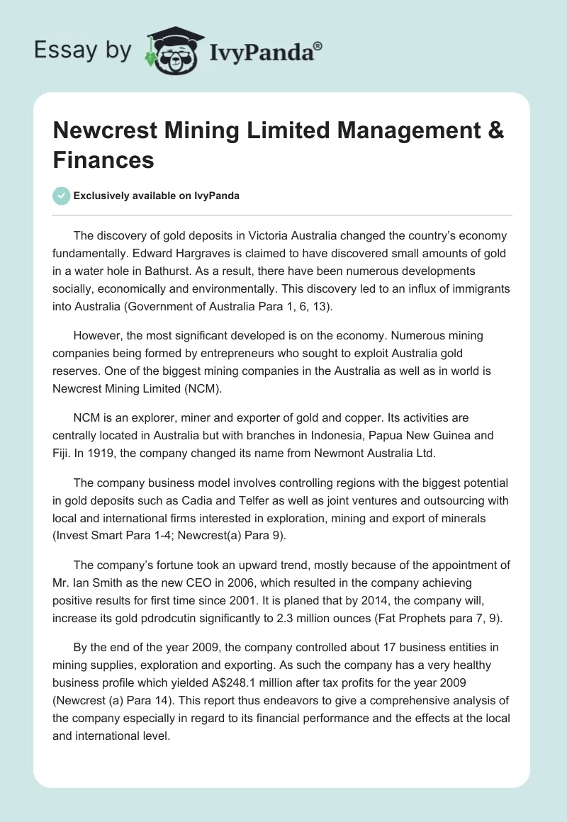 Newcrest Mining Limited Management & Finances. Page 1