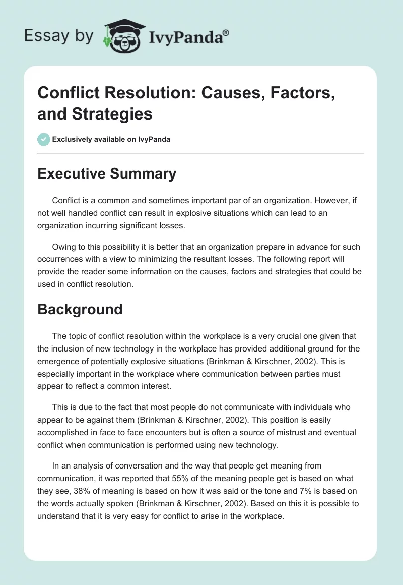 Conflict Resolution: Causes, Factors, and Strategies. Page 1