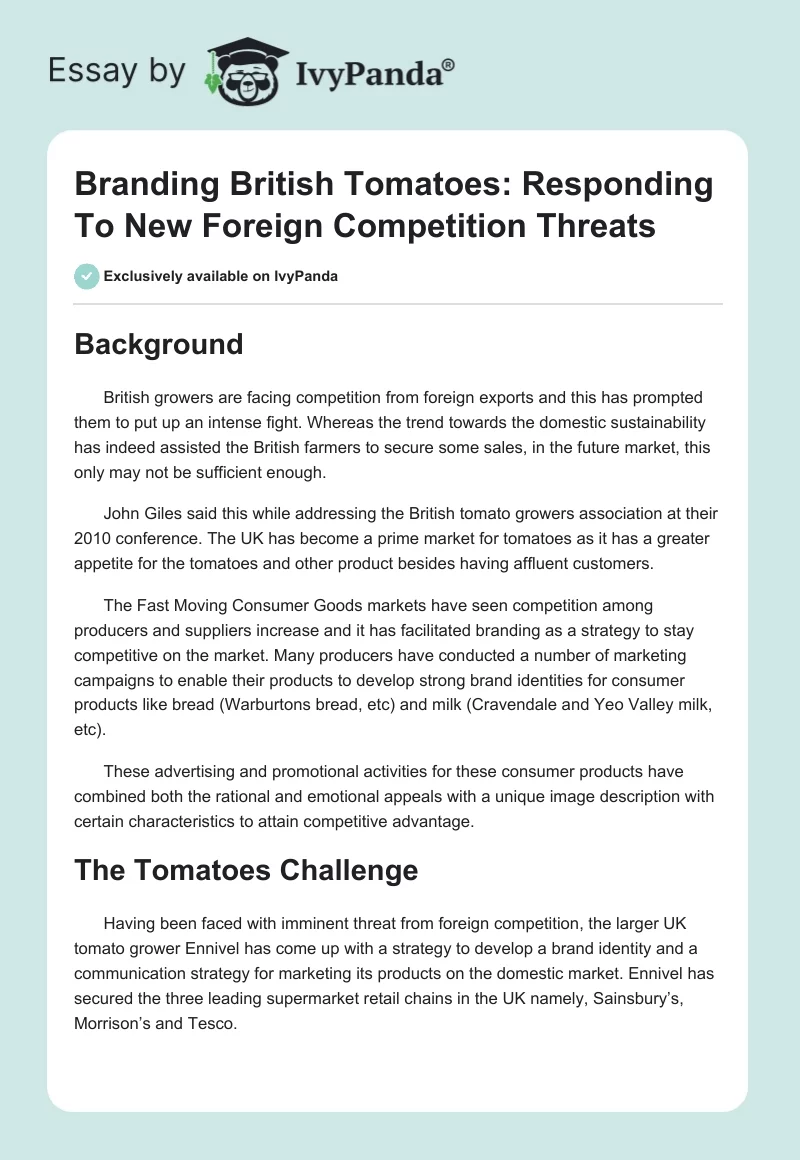 Branding British Tomatoes: Responding to New Foreign Competition Threats. Page 1