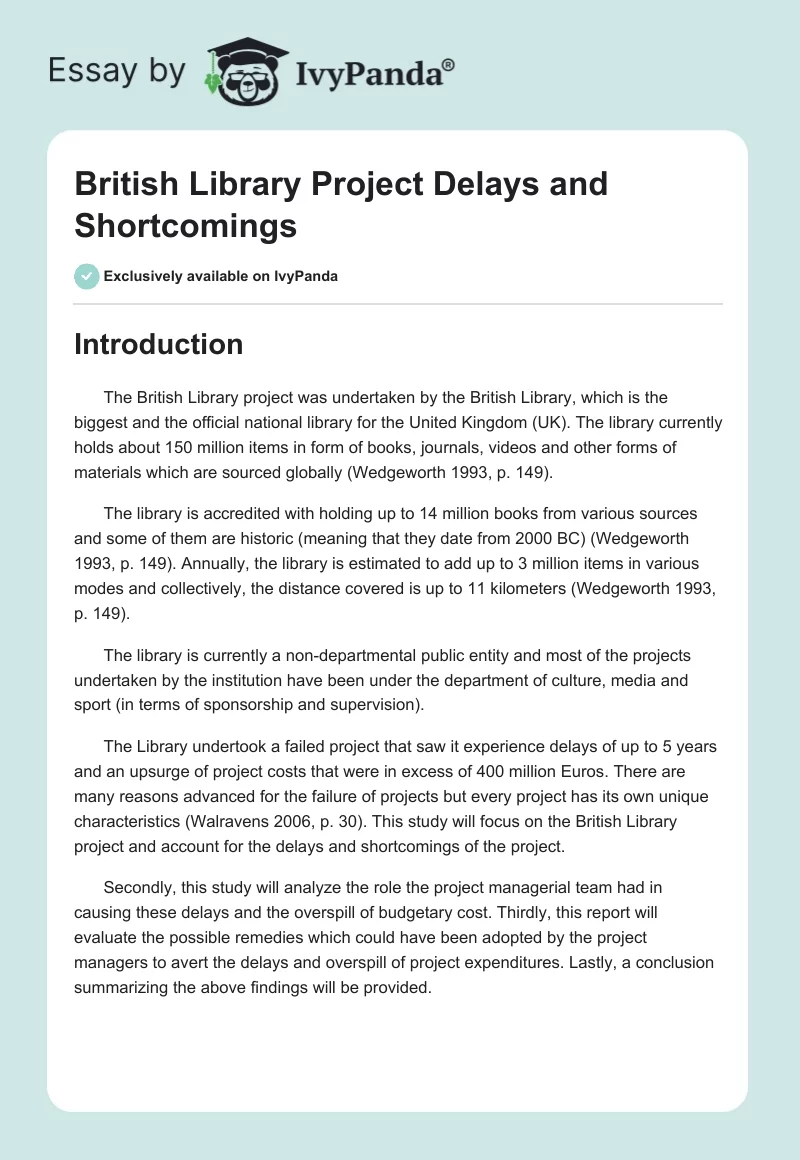 British Library Project Delays and Shortcomings. Page 1