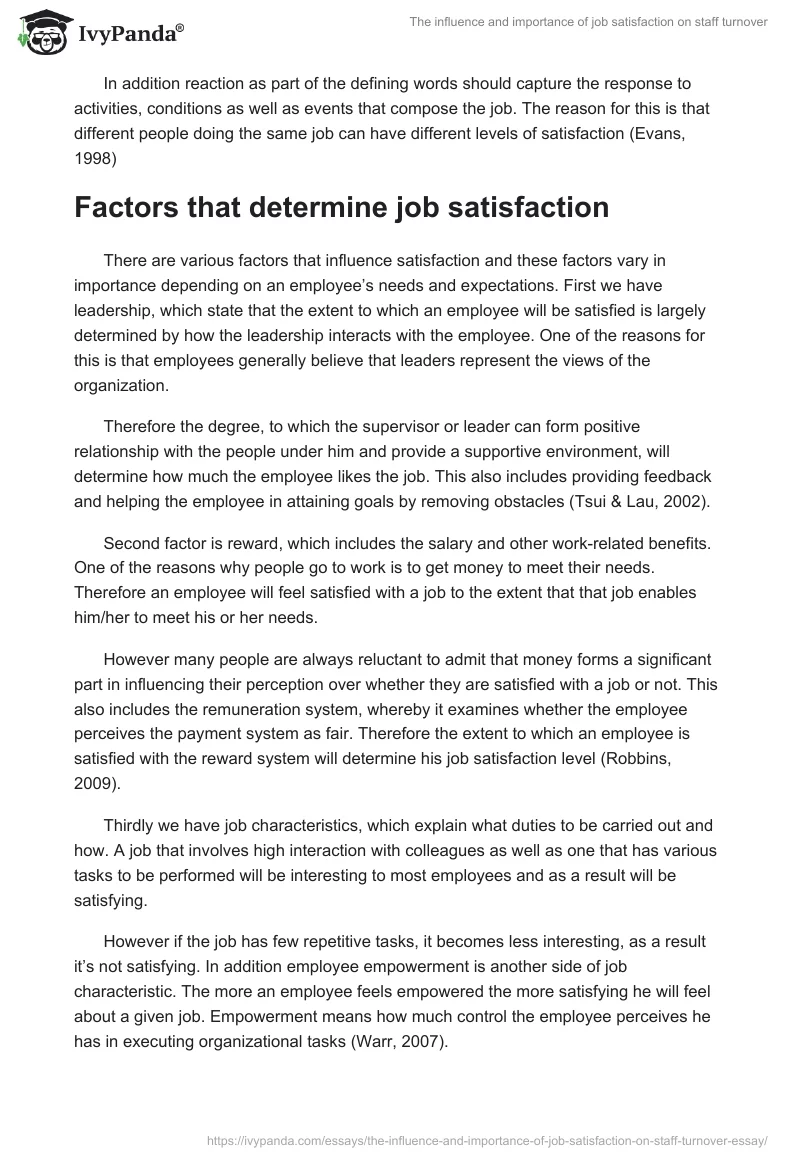 The influence and importance of job satisfaction on staff turnover. Page 4