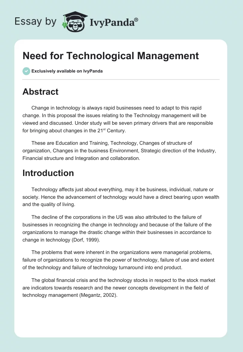 Need for Technological Management. Page 1