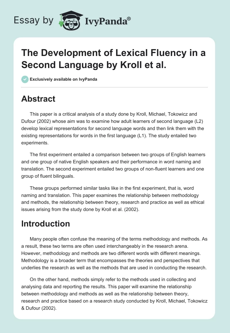 "The Development of Lexical Fluency in a Second Language" by Kroll et al.. Page 1