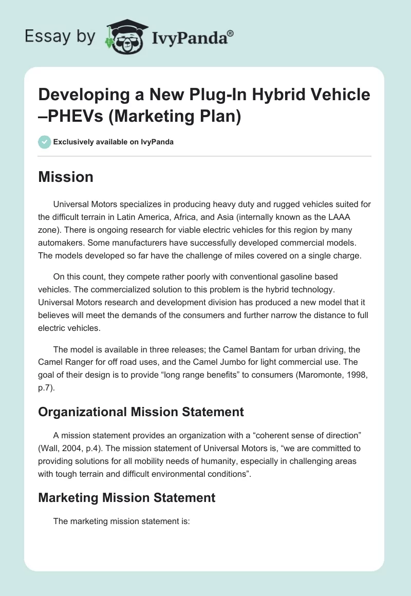 Developing a New Plug-In Hybrid Vehicle –PHEVs (Marketing Plan). Page 1