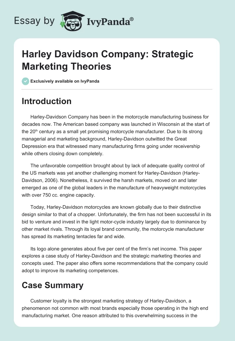 Harley Davidson Company: Strategic Marketing Theories. Page 1