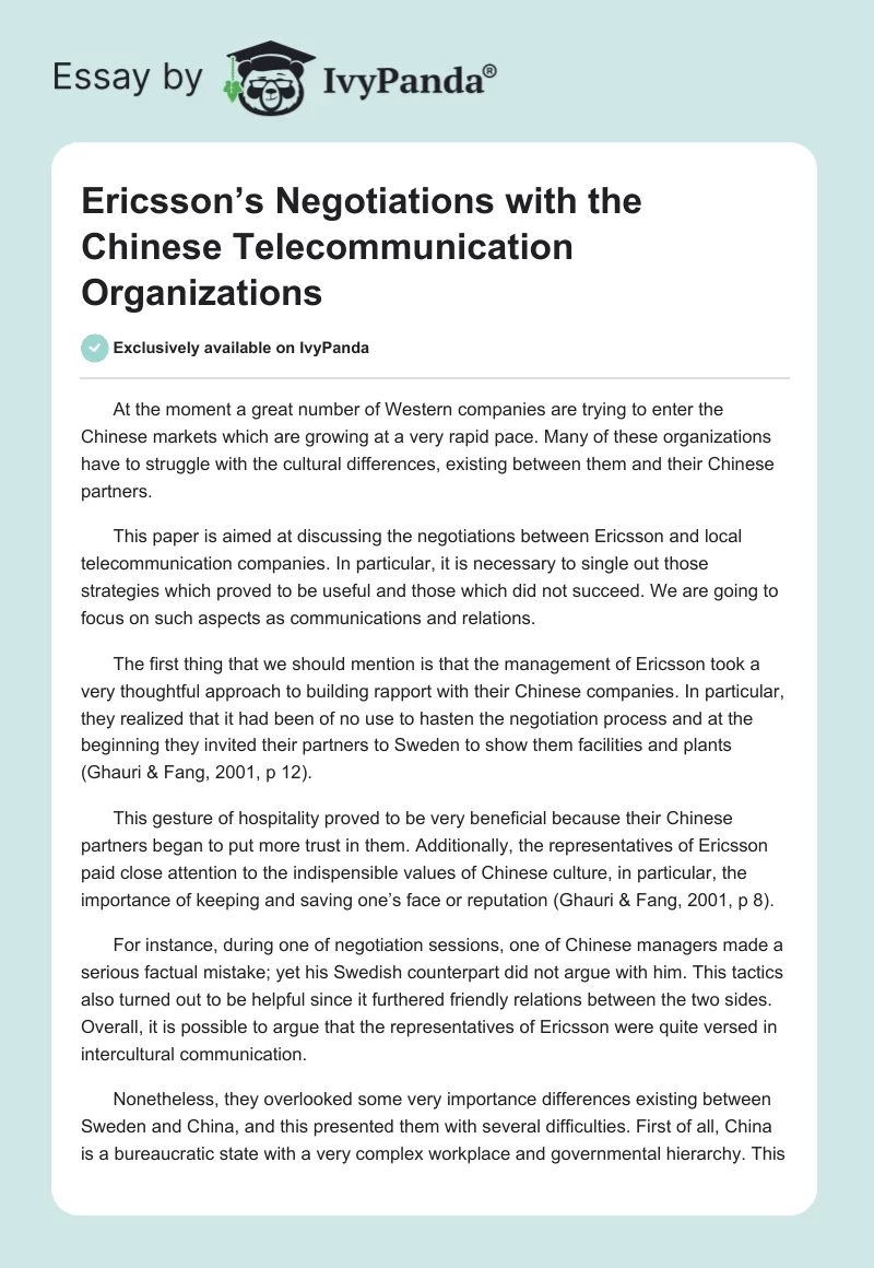 Ericsson’s Negotiations With the Chinese Telecommunication Organizations. Page 1