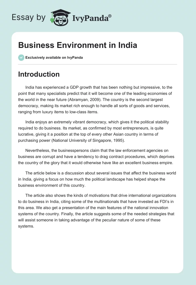 Business Environment in India. Page 1