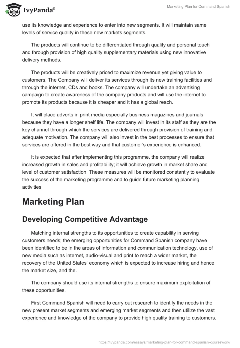 Marketing Plan for Command Spanish. Page 2