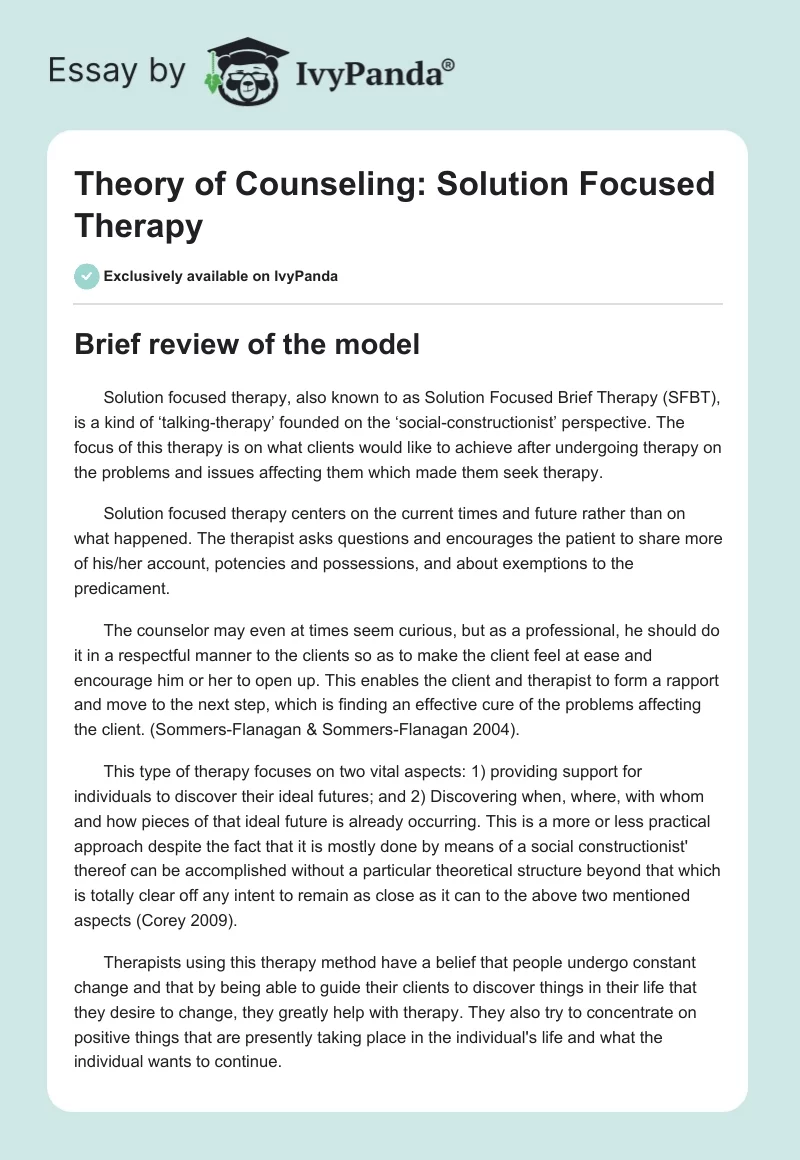 Theory of Counseling: Solution Focused Therapy. Page 1