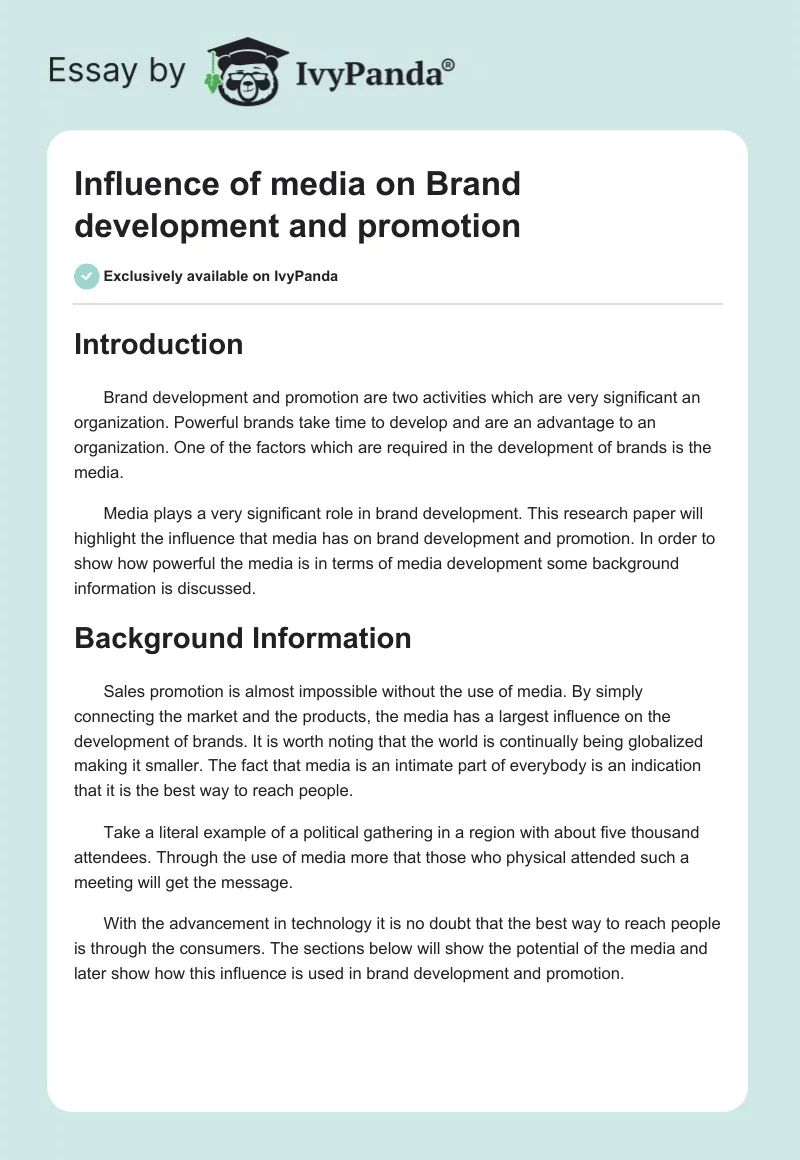 Influence of Media on Brand Development and Promotion. Page 1