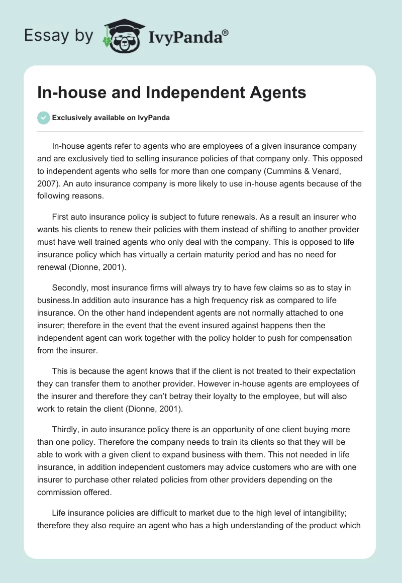 In-house and Independent Agents. Page 1