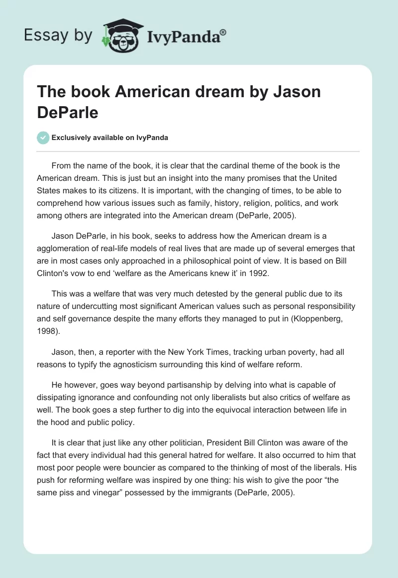 The Book American Dream by Jason DeParle. Page 1