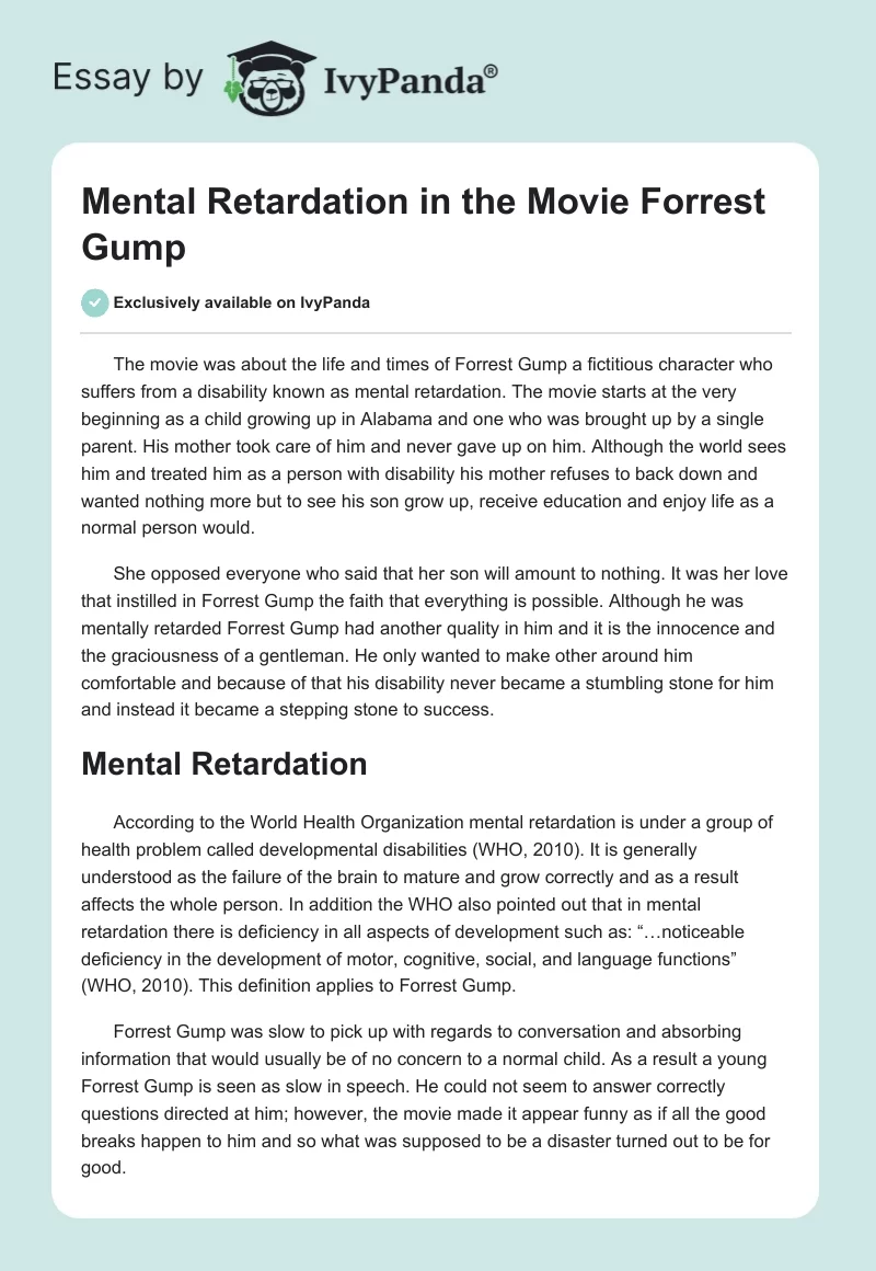 Mental Retardation in the Movie "Forrest Gump". Page 1