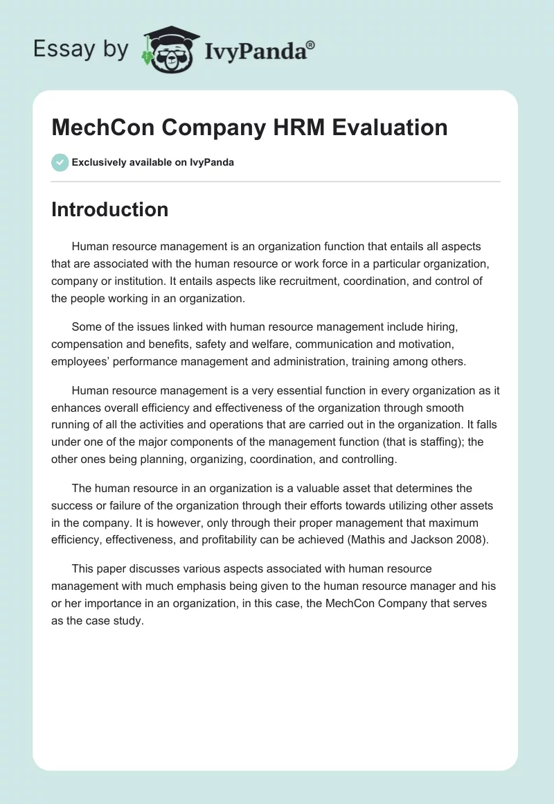 MechCon Company HRM Evaluation. Page 1