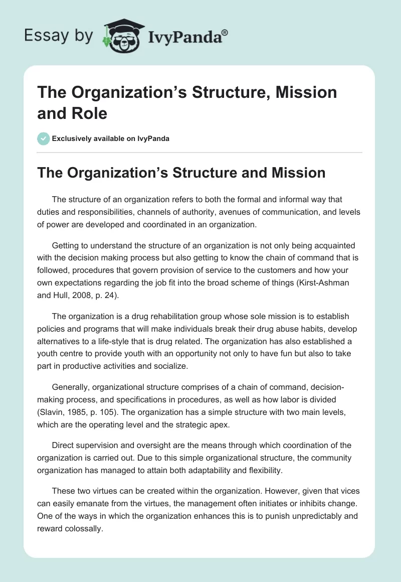 The Organization’s Structure, Mission and Role. Page 1