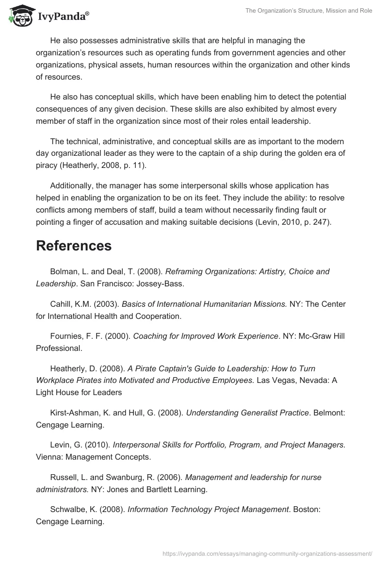 The Organization’s Structure, Mission and Role. Page 5