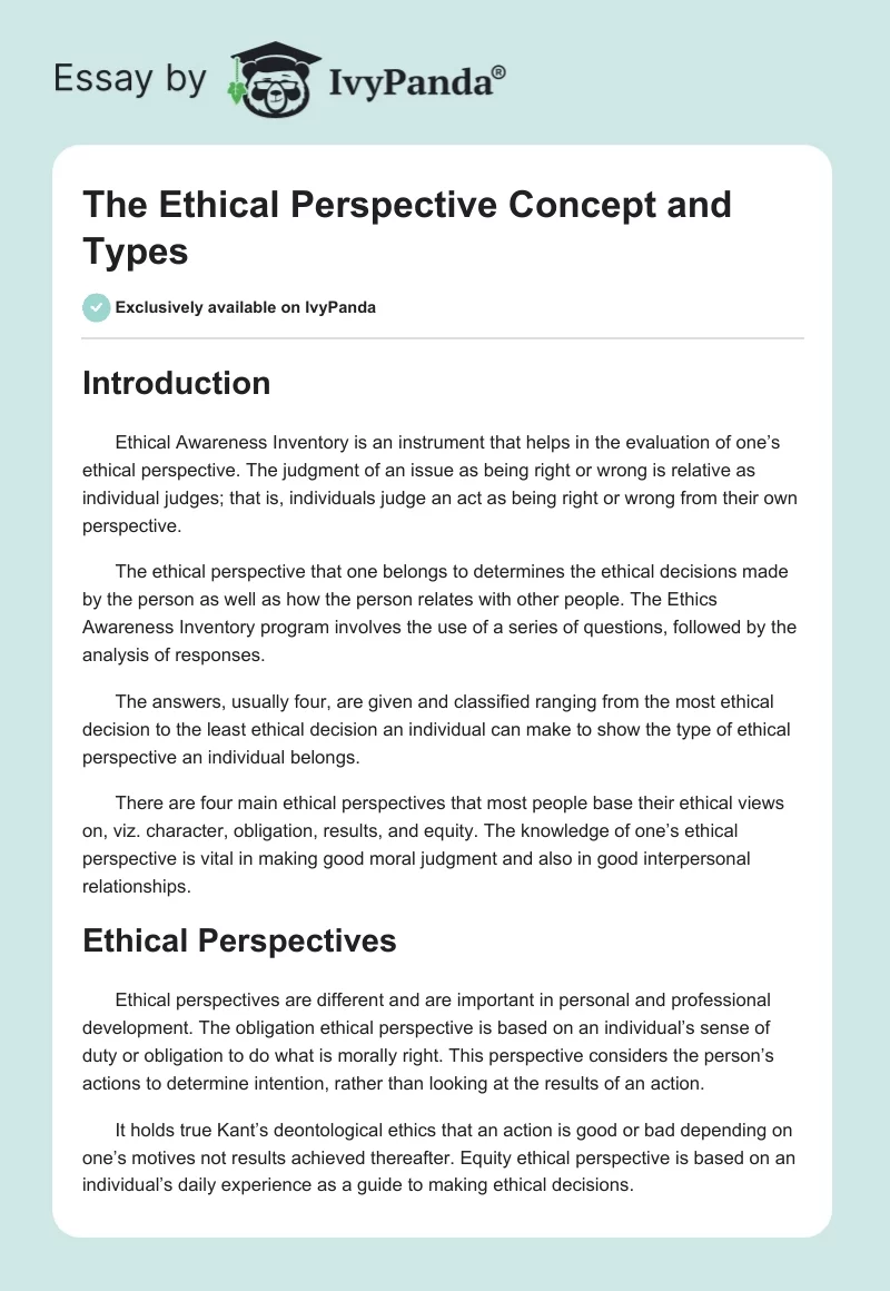 The Ethical Perspective Concept and Types. Page 1