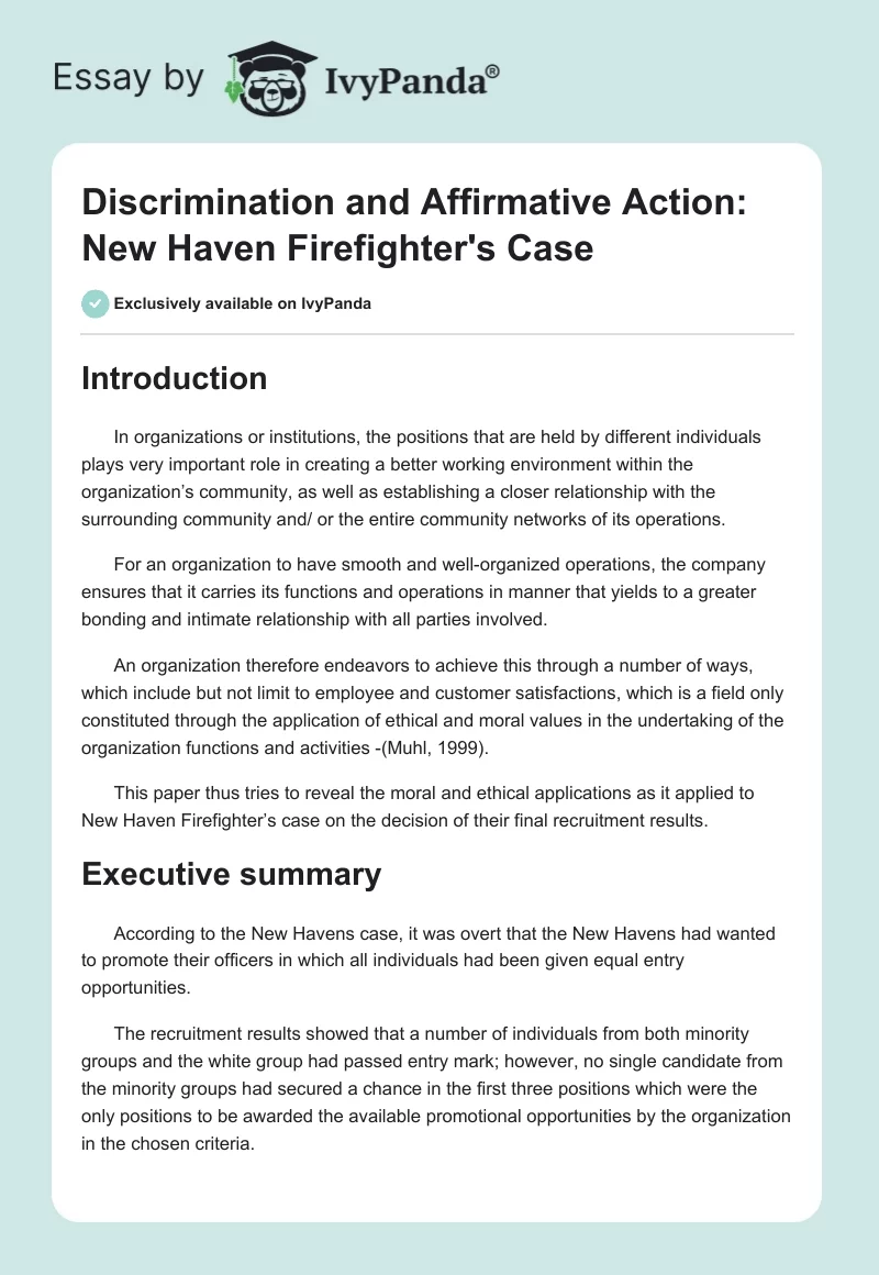 Discrimination and Affirmative Action: New Haven Firefighter's Case. Page 1