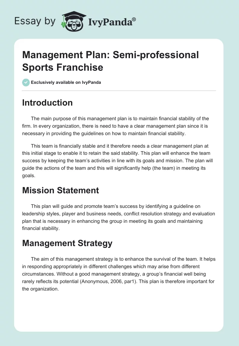 Management Plan: Semi-professional Sports Franchise. Page 1