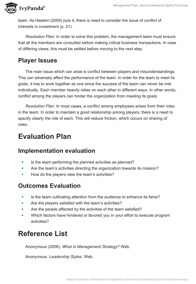 Management Plan: Semi-professional Sports Franchise. Page 5