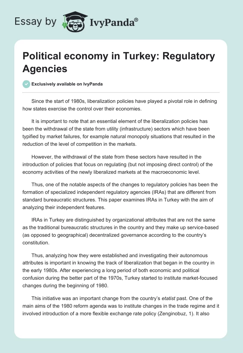 Political economy in Turkey: Regulatory Agencies. Page 1