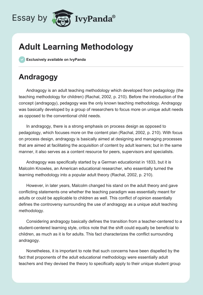 Adult Learning Methodology. Page 1