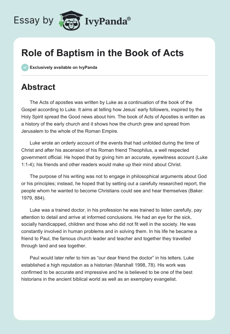 Role of Baptism in the Book of Acts. Page 1
